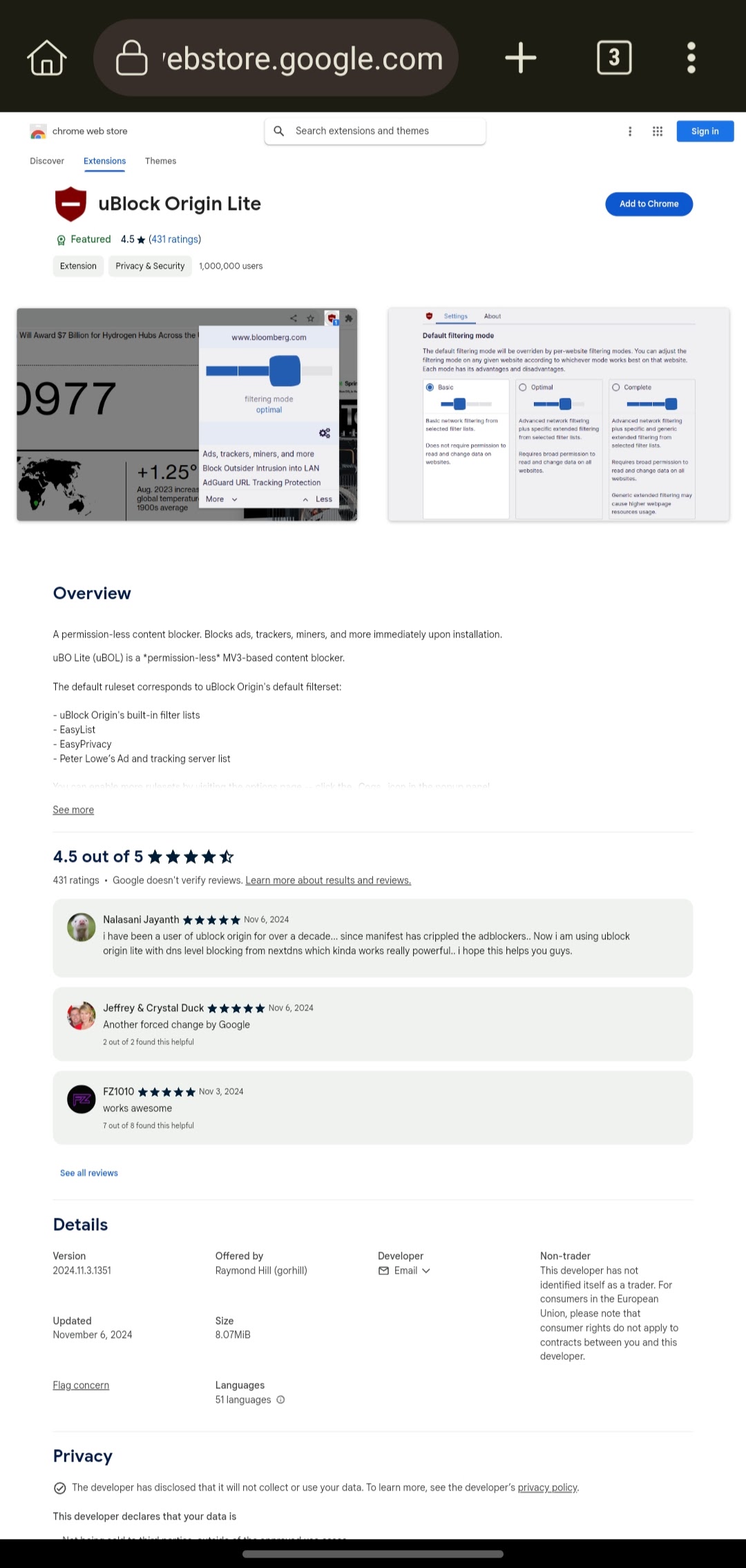 uBlock Origin Lite in Chrome Web Store.