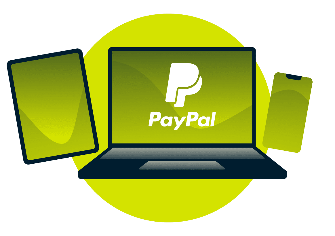 PayPalのロゴが入ったノートパソコン、タブレット、スマホ。